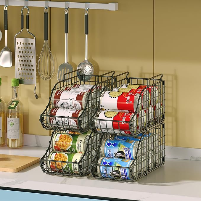 Sonyabecca 4-Pack Stackable Can Rack Organizer for Kitchen Pantry | Soda Can Organizer and Food Storage Dispenser for Pantry Cabinets. Foldable Wire Rack Keeps Canned Food Organized
