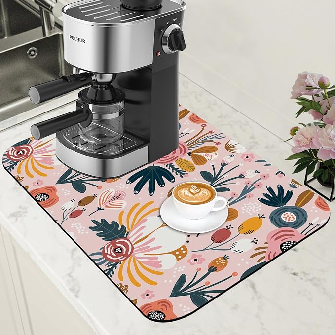 Dish Drying Mat Pink Flowers Berries Leaves Coffee Bar Mat for Countertop Absorbent Hide Stain Rubber Backed Dish Drainer Rack Pad Espresso Machine Dining Room Decor 11.8 x 19.7 Inch