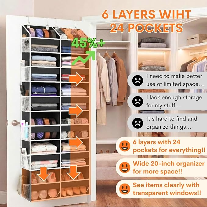 Over The Door Organizer 6 Tiers, Extra Large Behind Door Storage of 12 Compartments, 80 lbs Weight Capacity Hanging Storage Organizer with Clear Window Kids Toys, Shoes, Diapers, Room Storage,Black