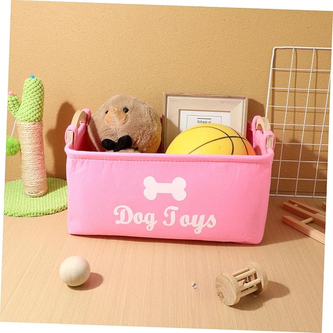 UKCOCO Pink Felt Pet Storage Box with Wooden Handles Large Square Organizer for Dog and Sundries Lightweight and Portable Household Basket for Home and Utility