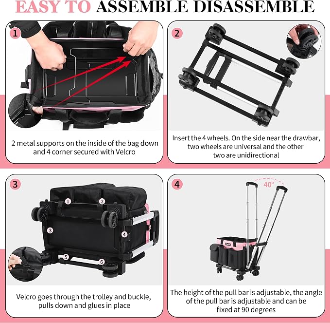 Chyaidach Rolling Cleaning Caddy, Cleaning Supplies Organizer with Trolley, Wearable Cleaning Tote Bag on Wheels with Hard Bottom, Cleaning Carts for Housekeepers/Home/Car/Office/Picnic (Pink)