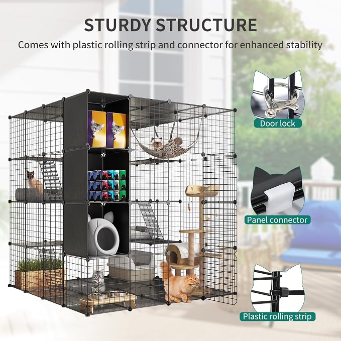 YITAHOME Large Cat Cage with Storage Cube DIY Indoor Catio Cats Enclosures Metal Cat Playpen with Large Hammock for 1-4 Kittens 4 Tiers Cat Kennel