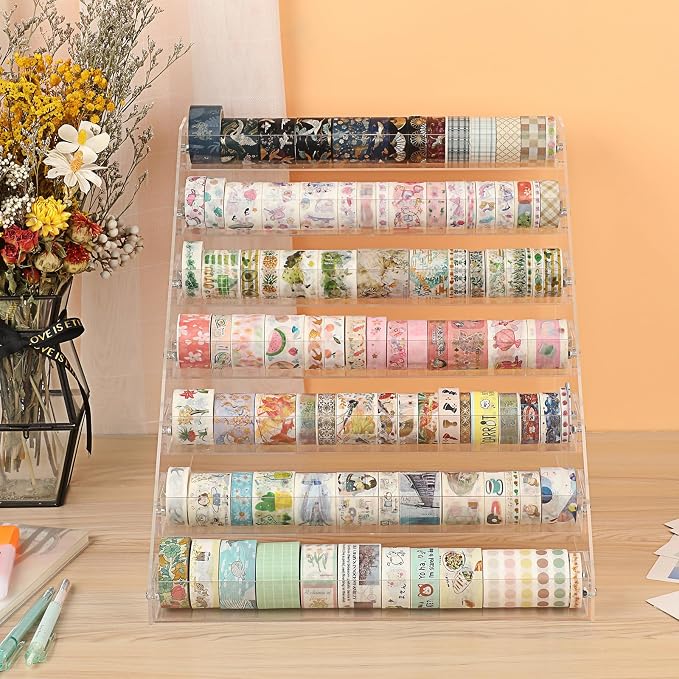 BTSKY 7 Tier Washi Tape Organizer - Clear Plastic Washi Tape Storage Rack, Assembly Washi Tape Storage Holder Washi Tape Dispenser Desk Accessories Display Caddy for Scrapbooking Art Craft Supplies