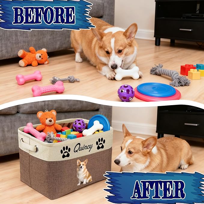 Personalized Pet Toy Basket Custom Dog Toy Storage Organizer with Handles Customized Dog Basket Box with Name Photo Icon for Dogs Cats - Pink