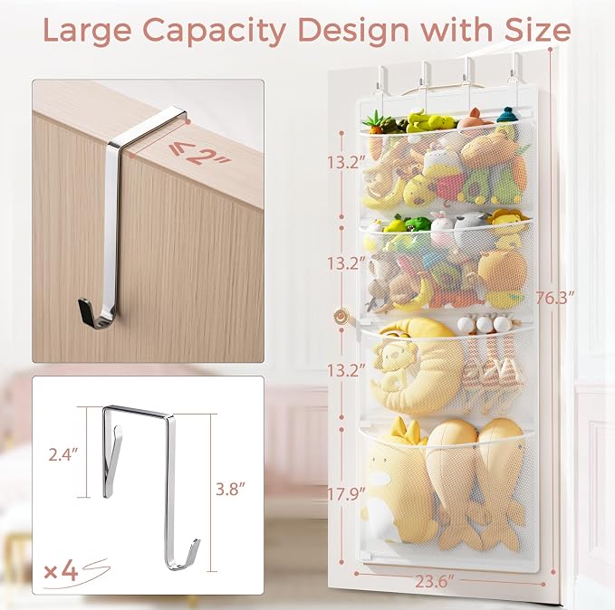 Stuffed Animal Storage, Over the Door Organizer with 4 Mesh Pockets, Toy Organizers and Storage for Nursery, Baby Supplies, Hanging Door Organizer for Kids Room & Playroom Organization, White