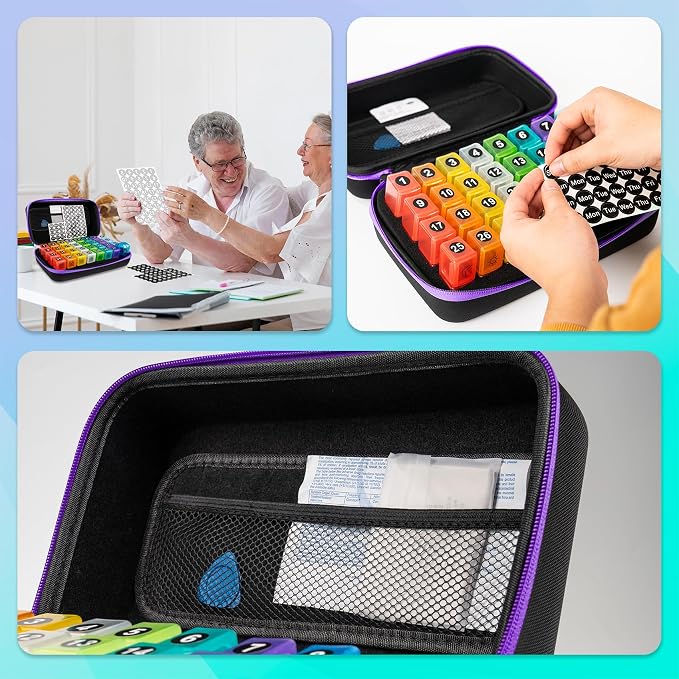 Monthly Pill Organizer, Medicine Organizer Box with Portable Hard Shell and Pill Cutter, 31 Day Pill Holder with Weekly Pill Bag (Purple, 2 Times a Day)