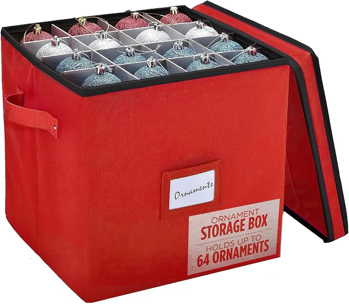 Handy Laundry, Christmas Ornament Storage - Stores up to 64 Holiday Ornaments, Adjustable Dividers, Covered Top, Two Handles. Storage Box Keeps Holiday Decorations Clean & Dry for Next Season. (Red)