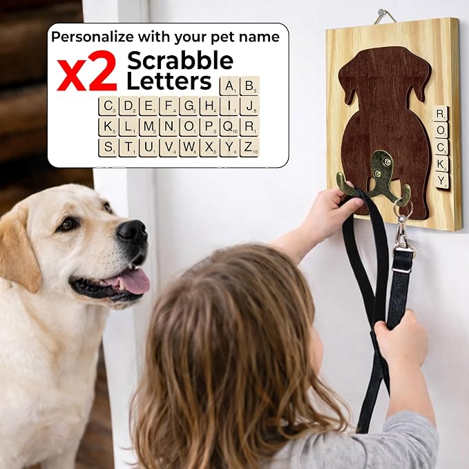 Labrador Retriever Dog Leash Holder Wall Mount with Scrabble Letters, Wooden Dog Wall Hook Organizer, Pet Collar and Harness Holder Entryway, Key Hook & Leash Rack, Home Decor for Pet Lovers PF297-48