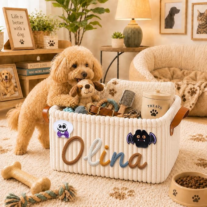 Personalized Pet Dog Cat Toy Storage Basket Bin with Embroidery Name & Icon | Custom Puppy Corduroy Storage Bins, Customized Dog Toy Box Organizer for Pet Supplies, Treats & Blankets, Pets Gifts Basket
