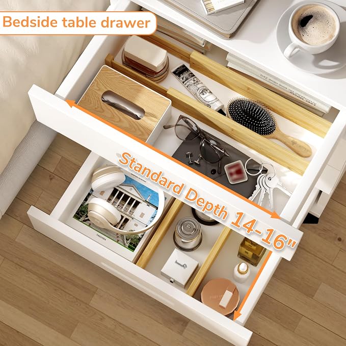 BAMEOS Bamboo Expandable Drawer Dividers – Fits 13.3"–19" Drawers, 2" High, Set of 4 | Spring-Loaded Bamboo Separator for Kitchen Island, Bathroom Vanity & Dresser Drawers