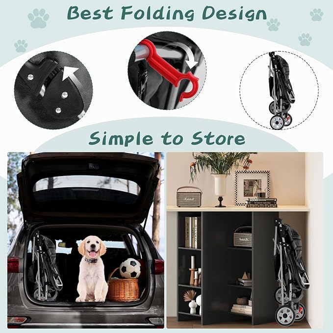 Dog Stroller with Storage Basket,3 Wheels Pet Stroller,Breathable Compact Portable Folding Carrier for Travel,Camping,Dog Carrier for Small Medium Dogs Or Cats,Lightweight Waterproof Pet Stroller
