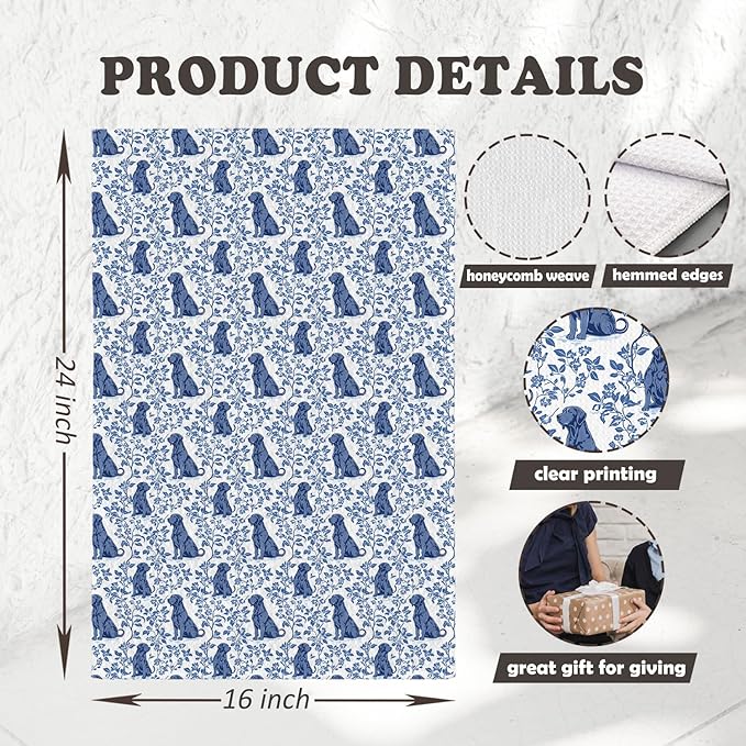 Chicimln Chinoiserie Black Labrador Retriever Kitchen Towels, Black Lab Gifts Decorative Hand Towels for Bathroom, Blue and White Dog Dish Tea Towel Drying Cloth for Kitchen Decor, 16x24 Inch
