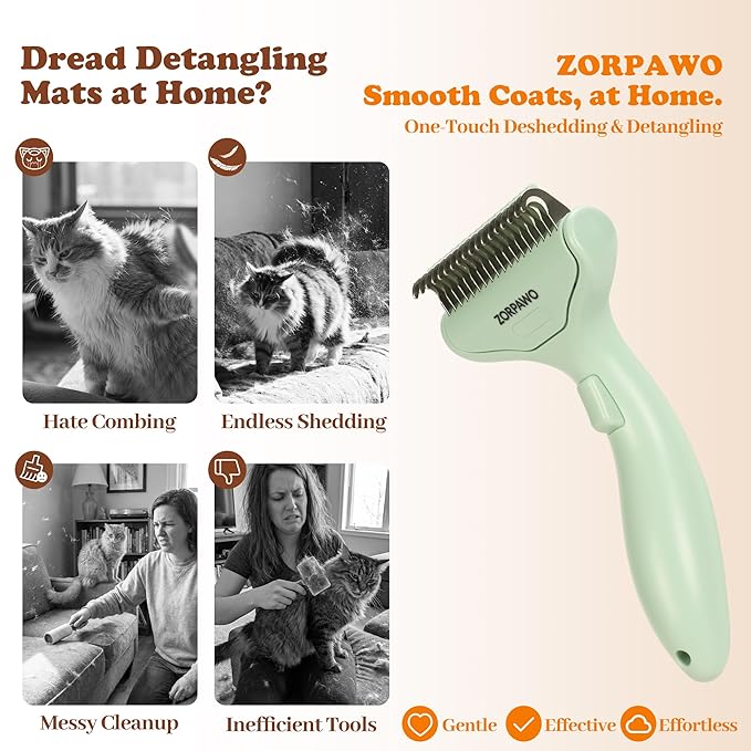 Undercoat Rake & Self-Cleaning Deshedding Brush for Dogs & Cats, Removes Mats & 95% Loose Hair, Grooming Tool for Long Hair Pets - Green