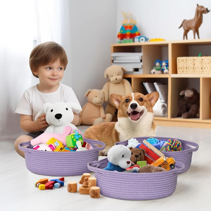 Small Baskets for Gifts Empty, 13"x 9"x 5" Woven Gift Basket with Bag and Ribbon, Cotton Rope Kids Dog Cat Toy Bin Box, Cute Baby Nursery Organizer, Decorative Storage with Handles,Purple