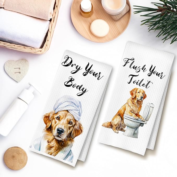 Funny Golden Retriever Hand Towels for Bathroom Washroom, Dog Bathroom Decor, Gifts for Golden Retriever Lovers, Humorous Dog Hand Towels, 16x24 Inch Set of 4