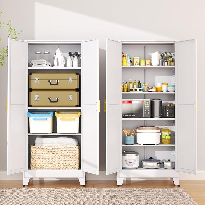 Ckzbx Metal Cabinets with Doors and Shelves, 75" H White Storage Cabinet Pantry Cabinet Garage Cabinets for Kitchen,Living Room, Dinning Room