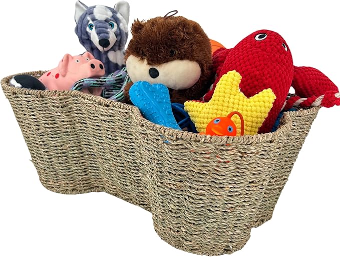OtterPets Dog Toy Basket, Cotton Rope Bone Shaped Dog Toy Bin, 22x14 | Handmade dog toy box, dog toy storage, dog basket, basket for dog toys, dog storage, Large 22 x 14 in, natural seagrass