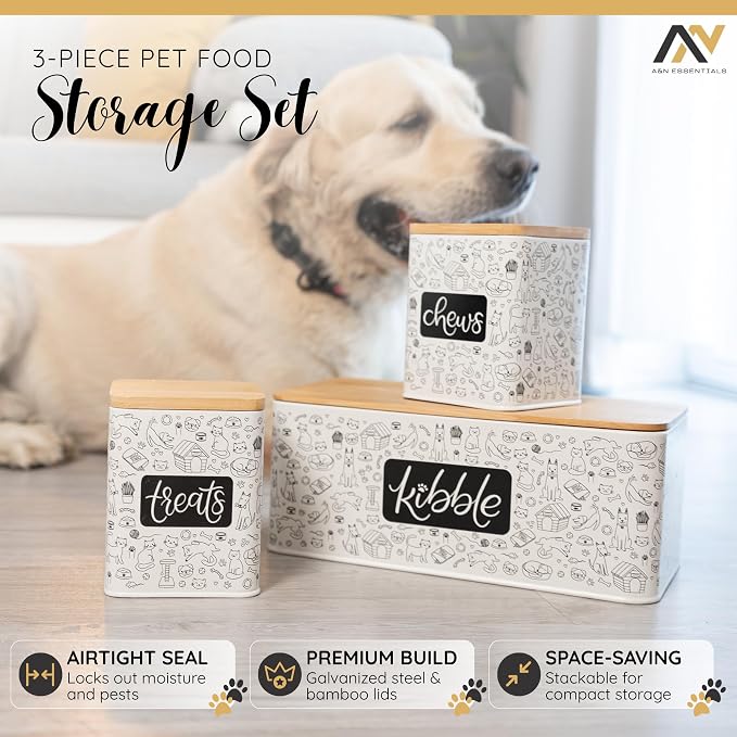 A&N Essentials 3-Piece Pet Food Storage Container Set – Airtight Galvanized Steel with Bamboo Lids – Holds Up to 6 lbs Kibble & 6 Cups Treats for Dogs & Cats
