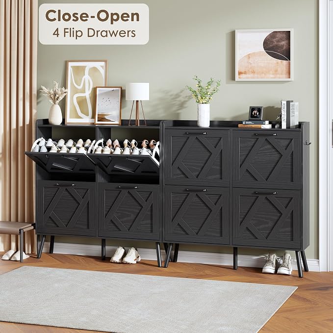 Shoe Cabinet with 4 Flip Drawers, Hidden Shoe Rack Cabinet with Metal Legs, Farmhouse Narrow Shoe Storage Cabinet for Entryway, Foyer, Hallway, Black