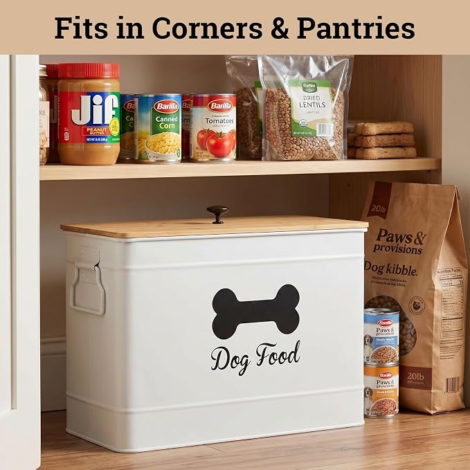Metal Dog Food Container 15-20 lbs w/ Airtight Bamboo Lid, 70 Cup Capacity | Pet Jar For Dogs up to 100lbs, Airtight Bamboo Lid, Sturdy Comfortable Metal Handle, Powder Coated Iron, Kibble Storage Bin