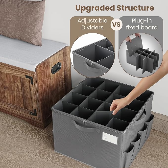 Varhomax Shoe Organizer Box for Closet, Fabric Storage Basket | Foldable Shoe Bin with Adjustable Dividers & Clear Cover, Saving Space Sneakers & Sandals Containers for Entryway, Cubby