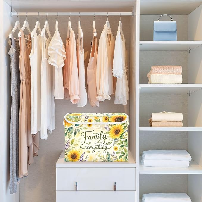Sunflower Fabric Storage Bins with Lid Foldable Storage Boxes 40L Baskets | Foldable & Stackable, Flip Top Dust Guard, Reinforced Handles, Home & Bedroom, Clothes & Toys, Oxford Print Basket