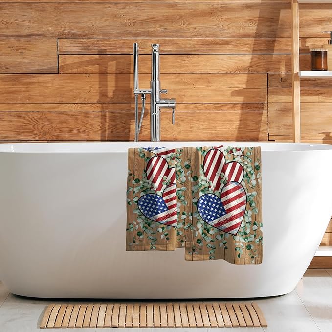 Giwawa American Flag Wood Hand Towels Set of 2 Eucalyptus Leaves Fingertip Towels Stars Heart Kitchen Dishcloth Face Towel Home Bathroom Decor