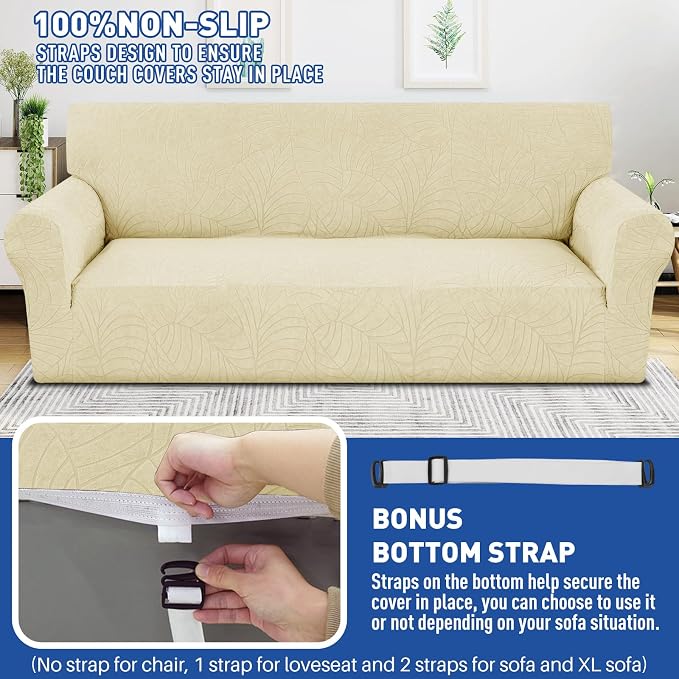 YEMYHOM Couch Cover Latest Jacquard Design High Stretch Sofa Chair Covers for Living Room, Pet Dog Cat Proof Armchair Slipcover Non Slip Magic Elastic Furniture Protector (Small, Begonia Leaf Beige)