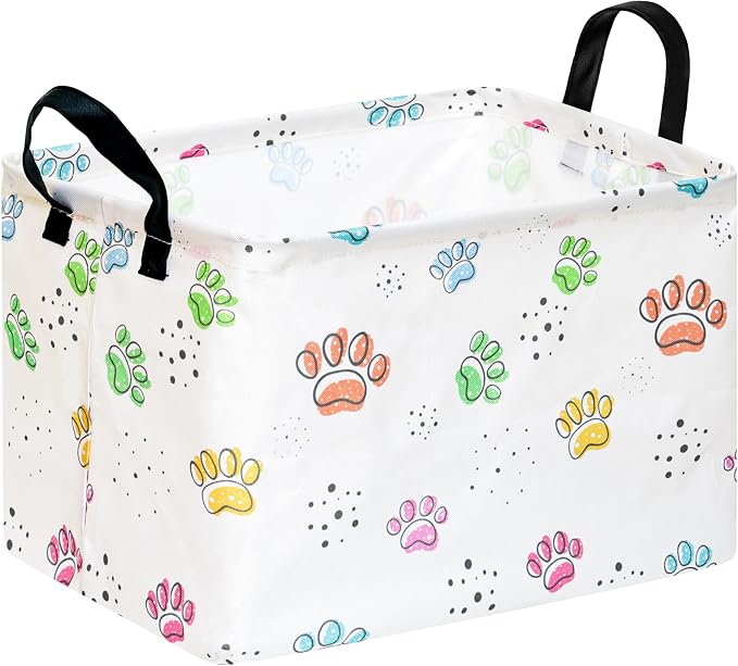 Baby Storage Basket,Colorful Dog Paw Print,Waterproof Lining, Leather Handles, Collapsible for Kids Toys, Pets Supplies, Gift Basket