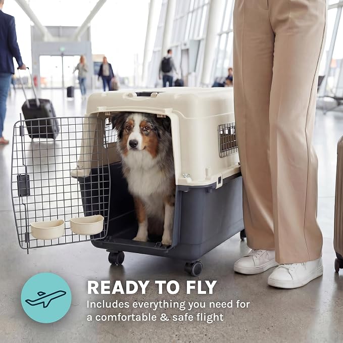 SportPet Airline Compliant LARGE 31.5" Travel Dog Kennel-Durable Plastic Airline Pet Carrier w/ Removable Wheels & Food Bowls, Collapsible Indoor/Outdoor Dog Kennel, Dogs up to 28"L & 20"H-Cream/Gray
