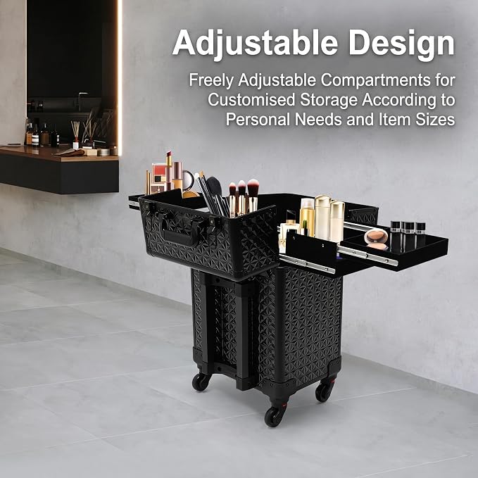 Rolling Makeup Train Case,Wheeled Manicure Storage Organizer | Makeup Travel Case with Wheels Salon Barber Case Traveling Cart Trunk for Cosmetologist Nail Tech Hairstylist