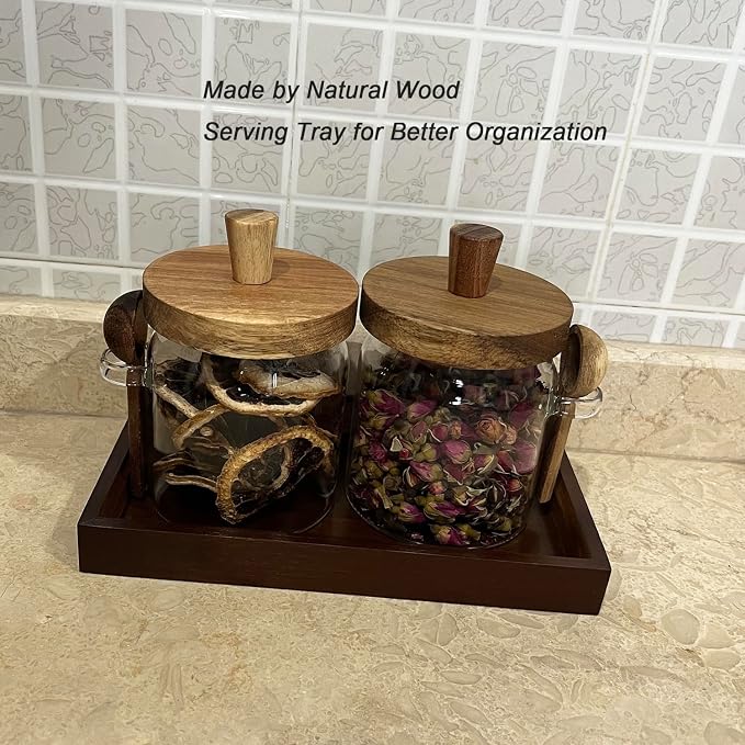 Glass Jars with Brown Wooden Lids and Scoop, Airtight Food Storage Containers with Tray for Sugar Coffee Bean Candy Spice (2, Brown, 13 oz)