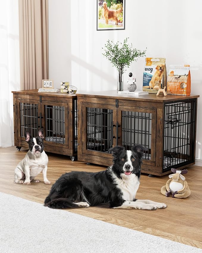 YaFiti Dog Crate Furniture, 32.5” Wooden Indoor Dog Kennel, Rustic Brown | Cushion, Wheels, Double Doors, Furniture Style, Side End Table, Decorative Pet Cage House, Up to 45 lb, for Small/Medium Dogs