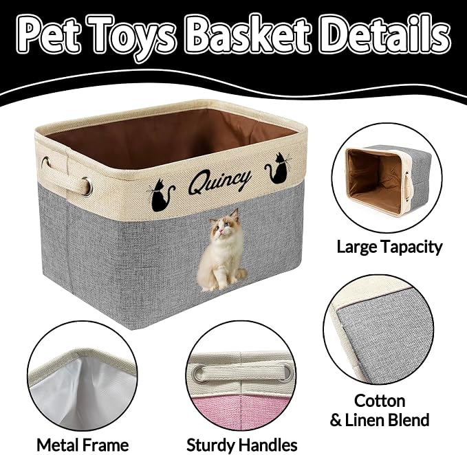 Personalized Dog Toy Storage Basket Custom Dog Name Photo Cat Pet's Gift Baskets Collapsible Organizer Box Foldable Storage Basket with Handle for Toys, Coats, Clothing, Blankets, Pink