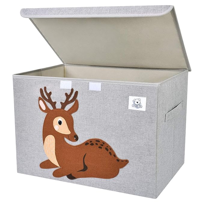 Large Toy Box Storage with Lid, Foldable Fabric Toy Chest Storage for Kids | Toy Organizer Basket, Collapsible Animal Print Storage Bin for Toddlers, Boys and Girls, Playroom, Baby Nursery (Deer)