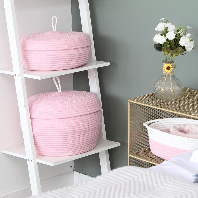 Sea Team Round Woven Cotton Rope Storage Basket with Lid, Pink | Lidded Knitted Decorative Storage Bin, Pot, Caddy, Organizer, Container for Snacks, Towels, Plants, 13 x 9 Inches