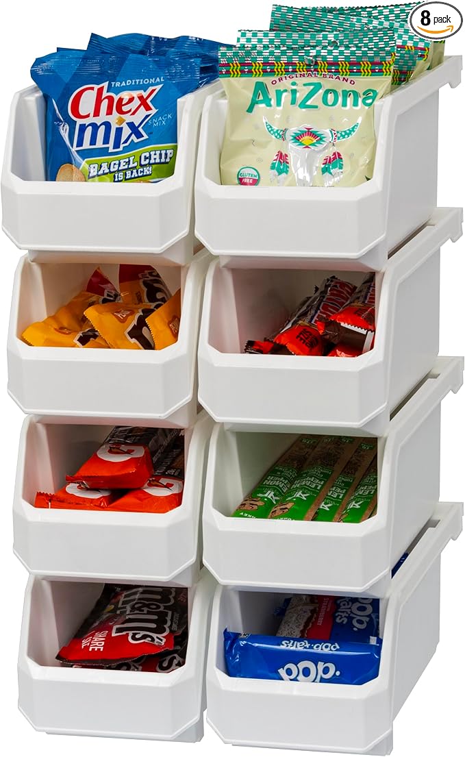 Medium Stackable Plastic Storage Bins, 8-Pack, White | Open-Front Stackable Bins For Garage, Pantry, Closet & Office, 11"L X 5,5"W X 5"H, Nests When Empty, Durable Plastic,