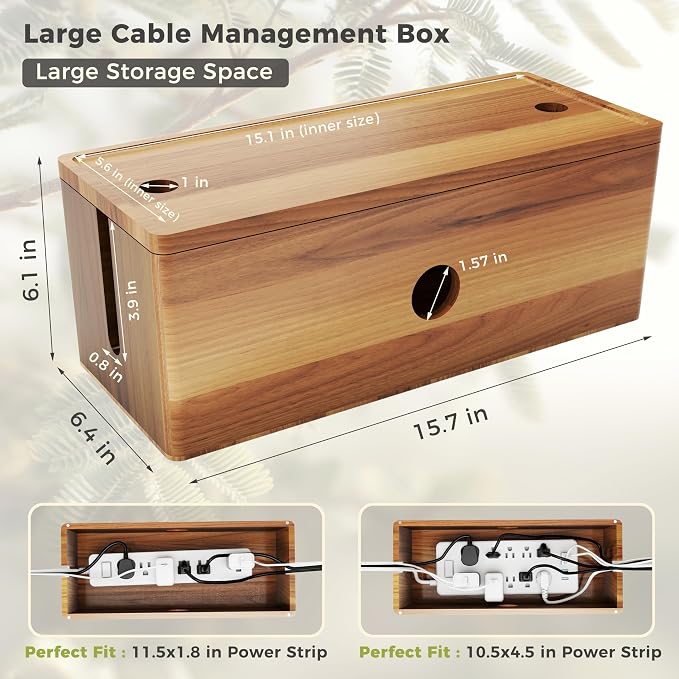 Large Cable Management Box Acacia Wood Cord Organizer Power Strip & Cables | Acacia Wood Cable Hider; Large Electrical Cord Storage; Hide TV Wires & Power Strips; Rustic Style; Home Office & Living Room