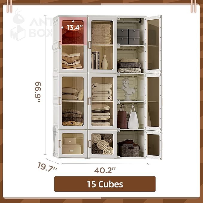 ANTBOX Portable Wardrobe Closet Storage Organizer for Clothes,Transparent Door Panels,Suitable for Living Room, Bedroom,Plastic Wardrobe with Magnetic Door and Easy Assembly 15 Cubes