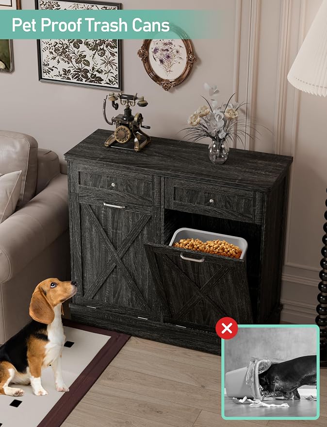 TOLEAD Double Tilt Out Trash Can Cabinet 2 x 10 Gallon Wooden Hidden Trash Cabinet with Barn Door & Solid Wood Top, Farmhouse Kitchen Garbage Bin Enclosure, Pet Proof Odor Blocking for Kitchen, Grey