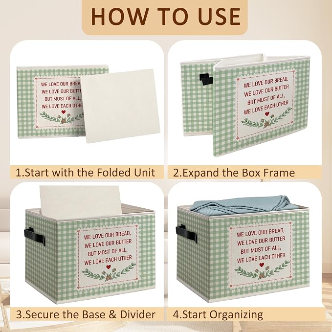 Butter Lover Gifts Foldable Storage Bins Box with Handles, Bread Gifts for Bakers, Cottagecore Sage Green Gingham Plaid Decorative Storage Boxes Baskets Organizer for Kitchen Bakery