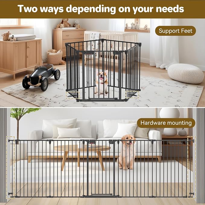 Kfvigoho Dog Gate 27.5"-129" Extra-Wide Playpen, Freestanding Pet Gate | Puppy Fence with Auto-Close Door, Double Locking System for Fireplace, Foldable Black, 5 Panels
