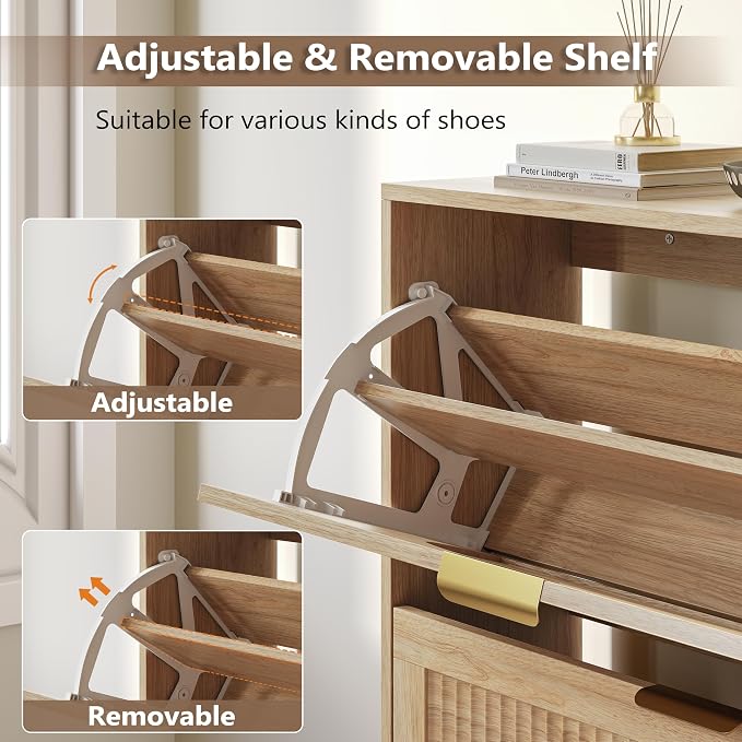 BORNOON Shoe Cabinet for Entryway with 2 Flip Drawers, Slim Wooden Shoe Storage Organizer with Modern Fluted Pannel，Freestanding Narrow Hidden Shoe Rack for Hallway, Foyer, Living Room