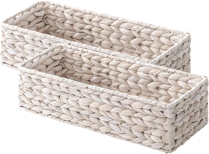 StorageWorks Small Toilet Paper Basket for Back of Toilet Basket, White | Wicker Baskets for Bathroom Decor, Decorative Water Hyacinth Bathroom Basket Organizer and Storage for Tank Topper, 2 Pack