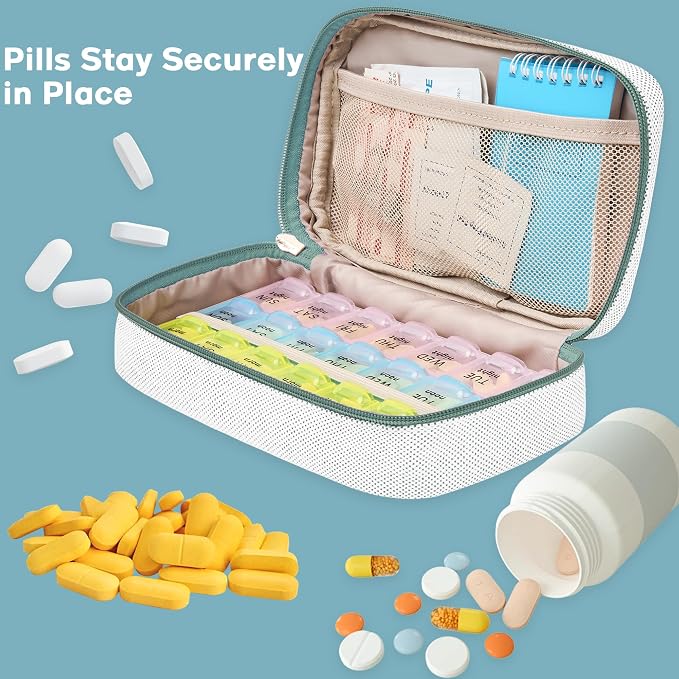 Lexeeco Travel Pill Case for Purse with Weekly Pill Organizer 2 Times a Day | Cute Am Pm Pill Box 7 Day ,Travel Medicine Organizer Pill Container Holder for Vitamins,Fish Oils,Medication,Medical Supplies