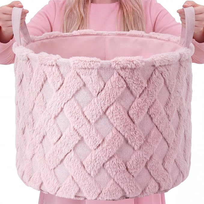 LemonRoad Extra Large Basket 20"x14", Woven Basket for Laundry Blanket Toy Box with Handle Storage, Blanket Storage for Living Room Nursery Pillows Chest(Pv Plush,Diamond,Pink)