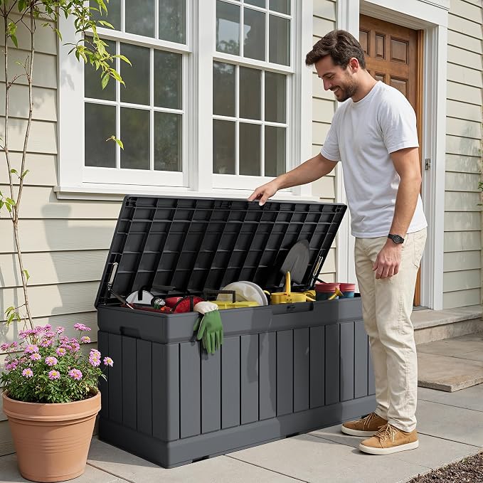 Devoko 78 Gallon Deck Box, Waterproof Resin Outdoor Storage Box | Outdoor Storage Bench Lockable for Outside and Patio Furniture, Garden Tools and Pool Supplies