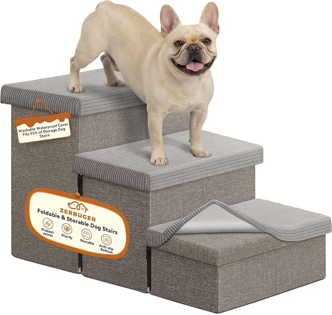Zerbuger Dog Stairs with Storage, Grey Stripes Lids 3 Steps Ramp no Condo | 18" H Wider Dog Steps for High Beds Couch, Folding Storage Pet Stairs Gift for Climbing Small/Medium/Large Old Dogs Cats