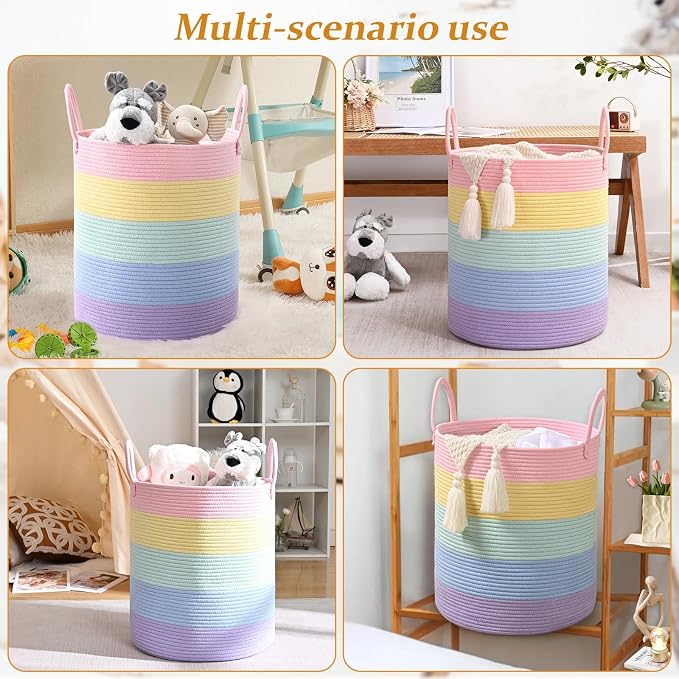 Laundry Hamper for Organizing, 52L Large Laundry Baskets, Cotton Rope Woven Blanket Basket, Collapsible Laundry Hamper for Living Room, Nursery, 15"×18", Light Rainbow