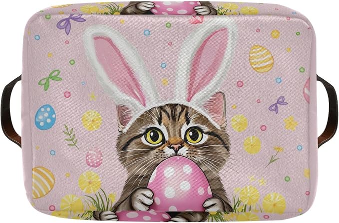 Pink Easter Bunny Rabbit Storage Basket with Waterproof Liner and PU Handles Happy Easter Day Eggs Lily Flowers Storage Bins Boxes 14.2" Collapsible Decorative Organizer Baskets for Closet 2 Pack